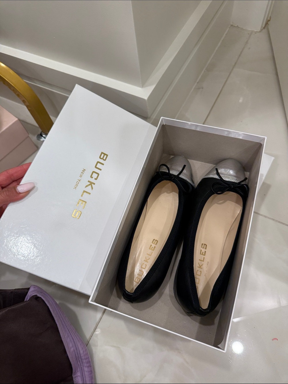 Buckle Black Flats with Silver Toe Cap